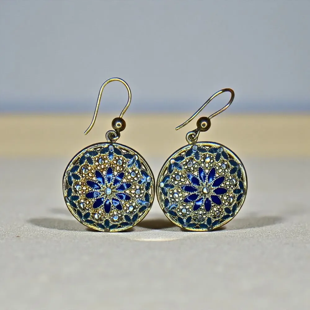 Italian Filigree 925 Silver Earrings | Blue Enamel Floral Drops